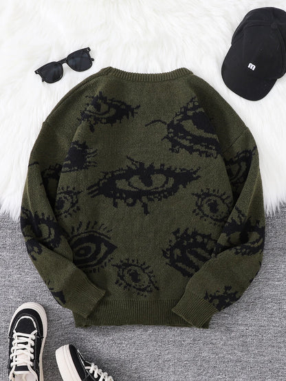 New Trendy Autumn and Winter Abstract Eye Jacquard Pattern Pullover Sweater Casual Round Neck Knitted Men's Pullover
