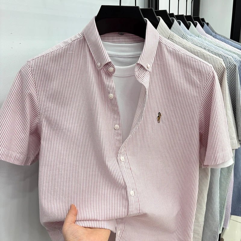 High End Brand Embroidered Striped Shirt Men's Short Sleeved Lapel Business Breathable Shirt Summer New Pure Cotton Jacket