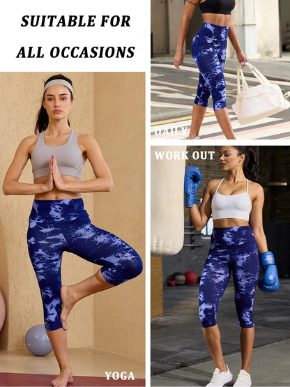 Super Soft High Waisted Tie Dye Sport Capri Pants for Women No See Through Workout Running Yoga
