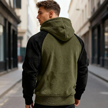 Winter Men Fleece Hooded Sweatshirt Long Sleeve Match Colors Shoulder Cuff Hoodies Trendy Big Size Light Weight Outerwear M-2XL