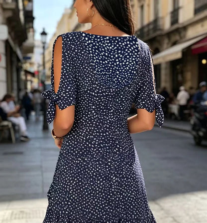Women's Elegant V-Neck Summer Polka Dot Print Off-Shoulder Dress, Suitable for Vacation, Music Festivals, and Everyday Casual Wear