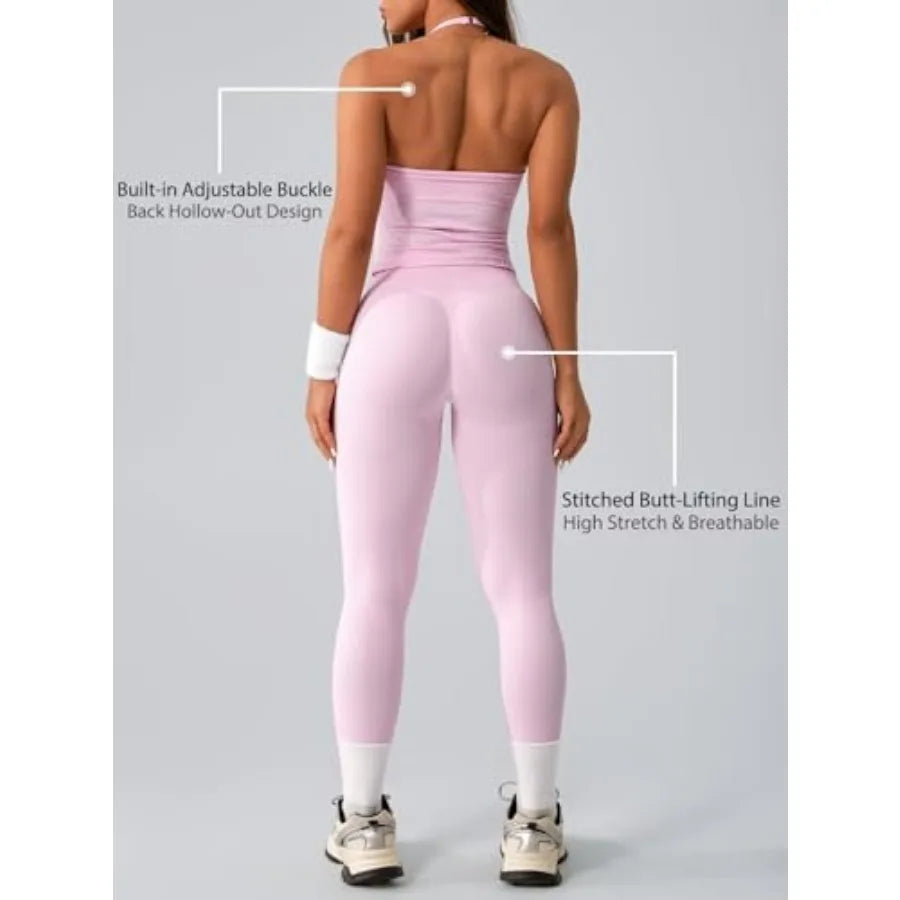 2 Pcs Ribbed Seamless Workout Sets for Women No Front Seam High Waisted Yoga Leggings and Adjustable Halter Bra Work Out Set