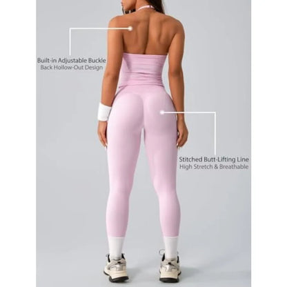 2 Pcs Ribbed Seamless Workout Sets for Women No Front Seam High Waisted Yoga Leggings and Adjustable Halter Bra Work Out Set