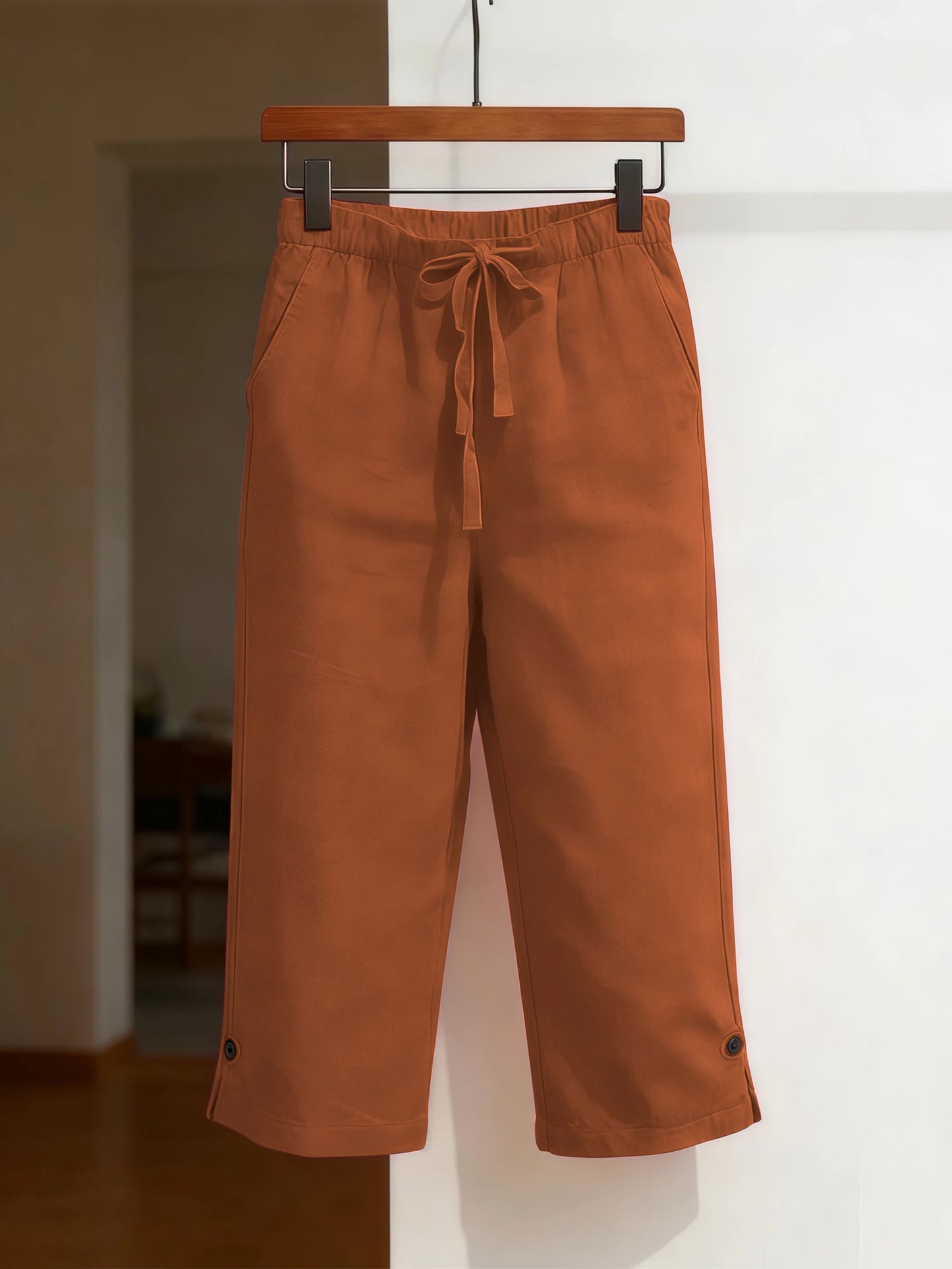 Women's Solid Color Cotton Linen Loose Fit Capri Pants with Belt and Multiple Pockets Front and Back
