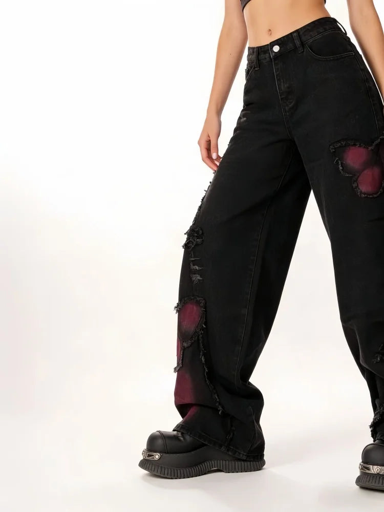 Women's Baggy Butterfly Jeans Vintage 90s Aesthetic Cowboy Pants Harajuku Oversize Denim Trousers Y2k 2000s Black Gothic Clothes