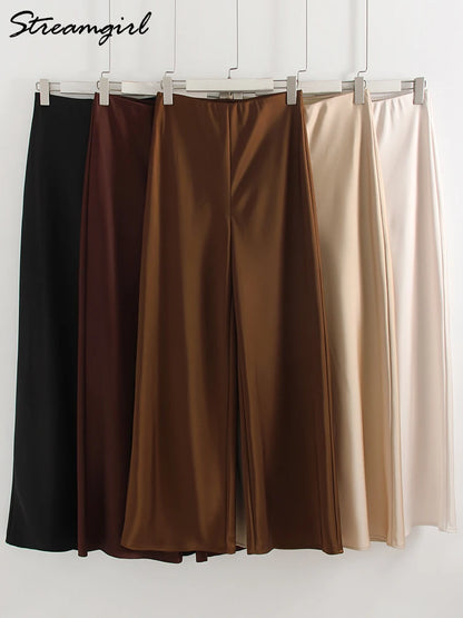 Streamgirl Summer Satin Pants For Women Wide Leg Beige Silk Trousers Long Straight Leg Luxury Pants For Summer Women Elegant