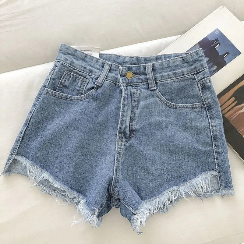 New Summer Women High Wiast Raw Hem Denim Shorts Soild White Black Blue Korean Wide Leg Pants Mon Shorts DURIKIES