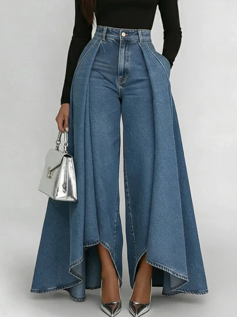 Women's High Waisted Wide Leg Jeans Overlay Flare Denim Pants With Pockets For Female High Street Elegant Fashionable Long Jeans