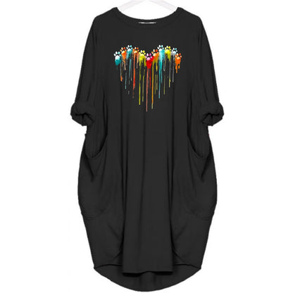 Women's Spring and Summer Footprint Heart Printed Casual Fashion Loose Large Size Long Sleeve Pocket Dress