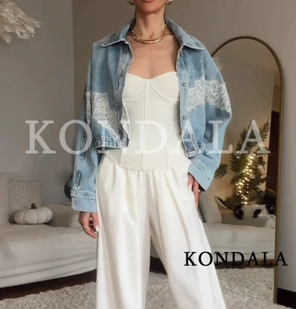 KONDALA Leisure High Street Denim Lace Jacket Women Elegant Trendy Bomber Jacket New 2026 Spring Fashion Ladies Buttons Jacket