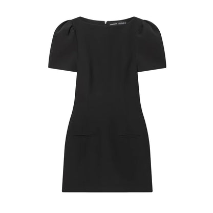 Chic Elegant Women Short Sleeve Mini Dress Slim Fit High Waist Solid Midi Dresses Simple Bodycon Commuter Summer Dress ﻿