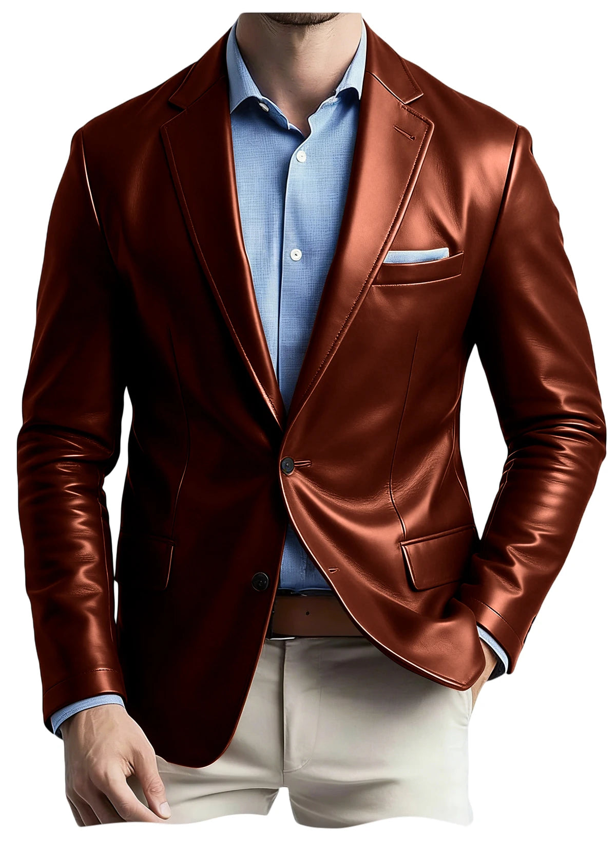 Men's Faux Leather Blazer Notch Lapel Flap Pockets Slim Fit Suit Jacket Coats For Casual Business Wedding Party