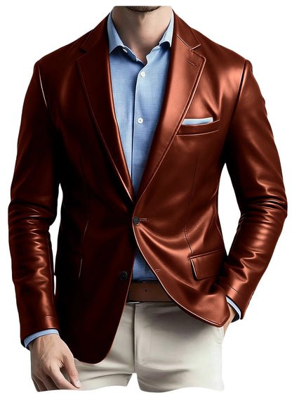 Men's Faux Leather Blazer Notch Lapel Flap Pockets Slim Fit Suit Jacket Coats For Casual Business Wedding Party