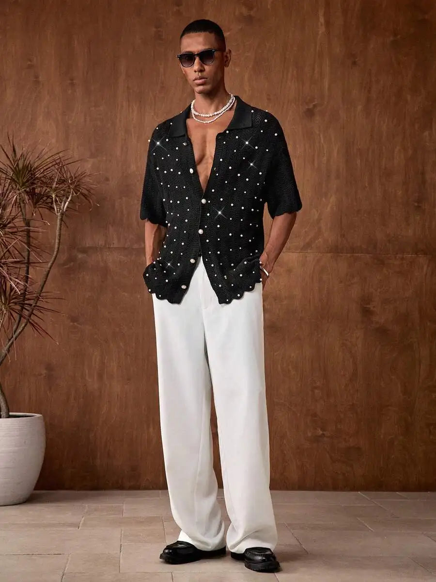 Mens Black Knitted Pearl Decor Casual Shirt Short Sleeve Button Up Summer Party Wear