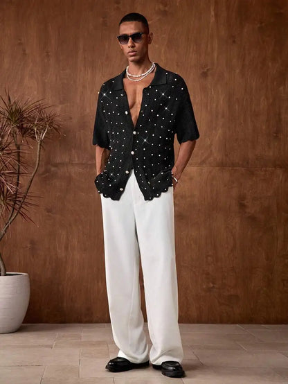 Mens Black Knitted Pearl Decor Casual Shirt Short Sleeve Button Up Summer Party Wear