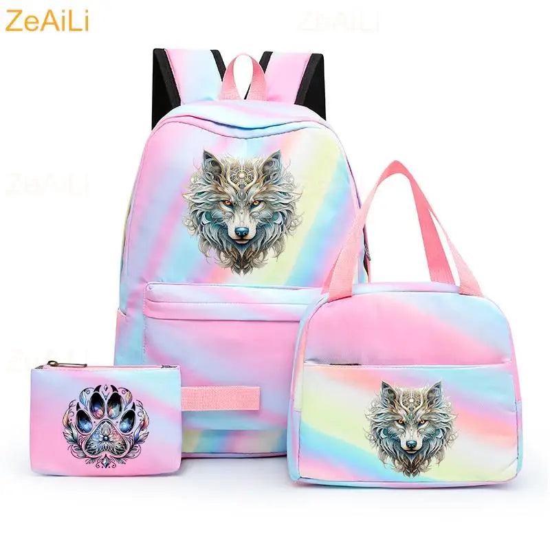 3pcs White Puppy Maltese Dog Colorful Backpack with Lunch Bag for Women Student Teenagers Rucksack Casual School Bags Sets