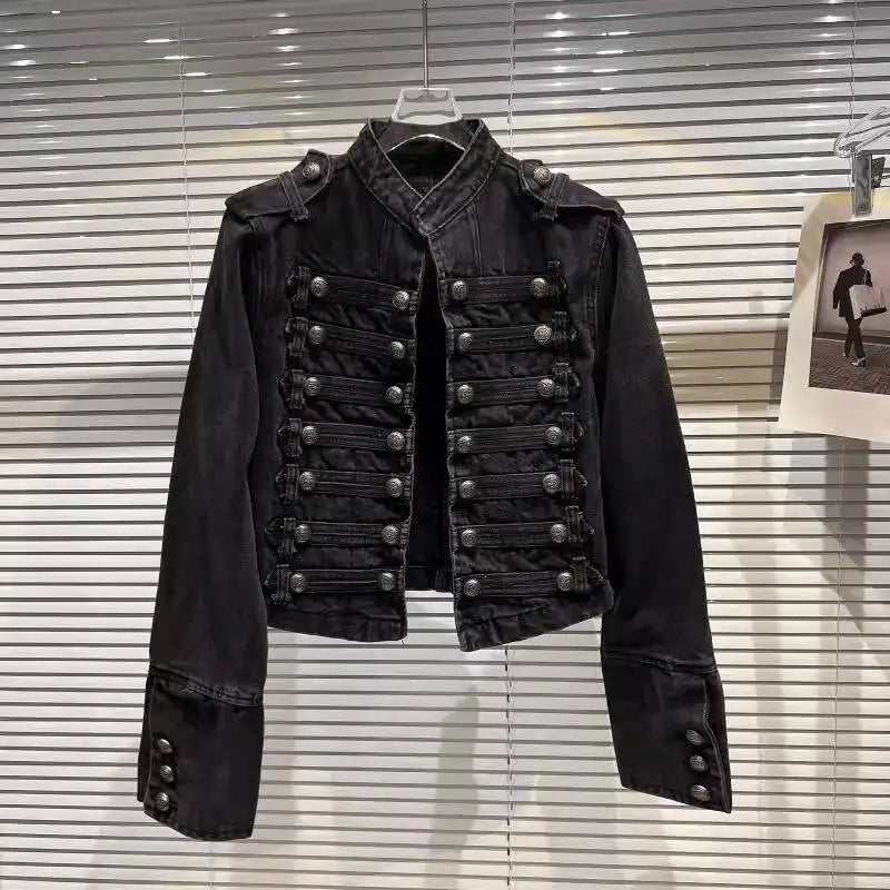 2026 Autumn New Fashion Metal Buckle Design Shoulder Strap Denim Short Jacket For Women High Street Coat Female