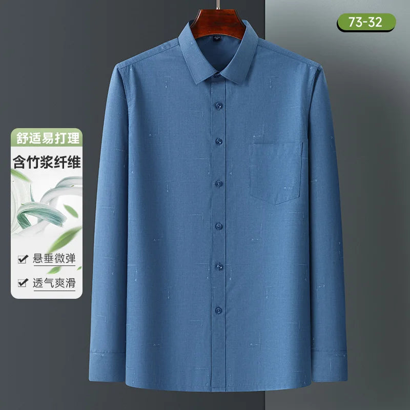Bamboo Fiber Mens Business Shirt Long Sleeve Casual Plaid Print Stripe Fashion Anti-Wrinkle Button Up Social Oversized S-7XL 5XL