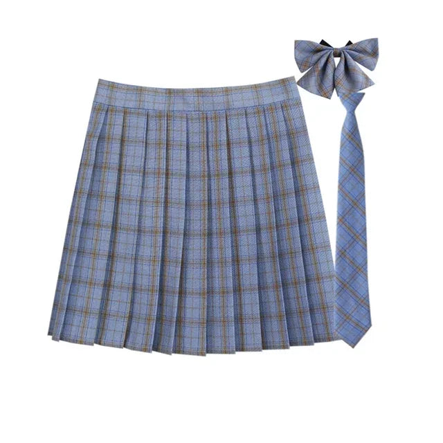 Women Summer Plaid Pleated Skirt With Necktie Bowtie Korean Jk Skirt Uniform Japanese School Preppy A Line Mini Skirts