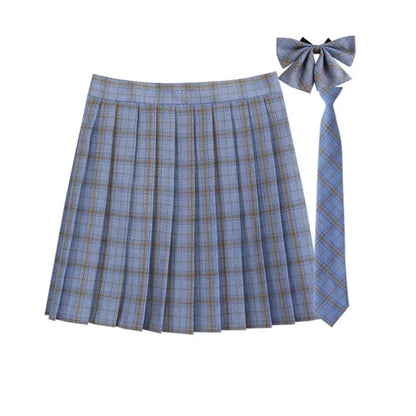 Women Summer Plaid Pleated Skirt With Necktie Bowtie Korean Jk Skirt Uniform Japanese School Preppy A Line Mini Skirts