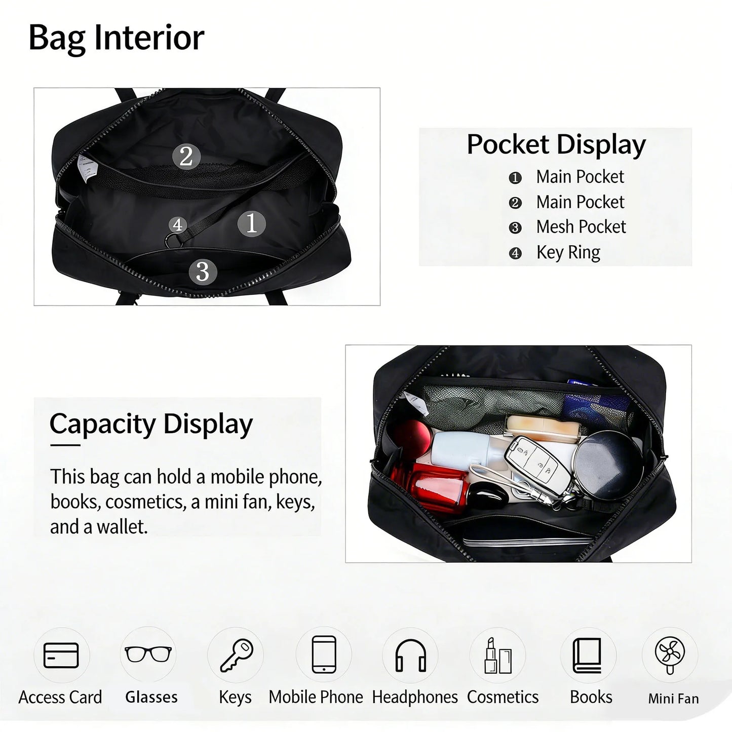 Nylon Tote Bag Bowler Bag Women Shoulder Purse with Keychain Clip, Lightweight Zipper Handbag Daily Work Travel Gym Gift for Mum