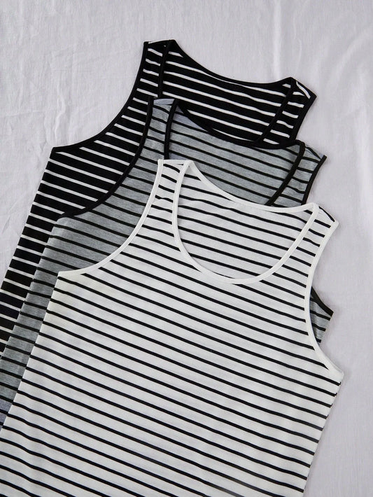 3pcs Men's Striped Sleeveless Tank Top Summer Casual Vest Set