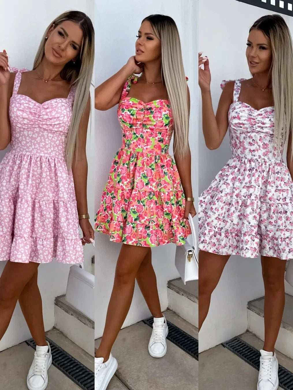 Summer Fashion Flower Print Waist Pleated Dress For Women Y2k Casual Vacation Beach Sundress Spaghetti Strap Mini Dress Female