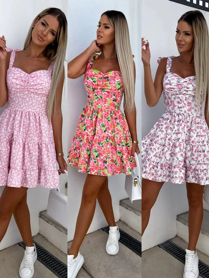 Summer Fashion Flower Print Waist Pleated Dress For Women Y2k Casual Vacation Beach Sundress Spaghetti Strap Mini Dress Female