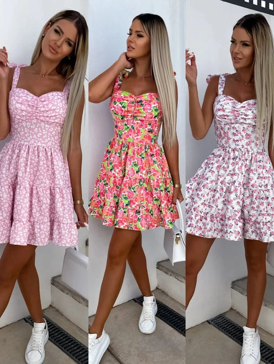Summer Fashion Flower Print Waist Pleated Dress For Women Y2k Casual Vacation Beach Sundress Spaghetti Strap Mini Dress Female