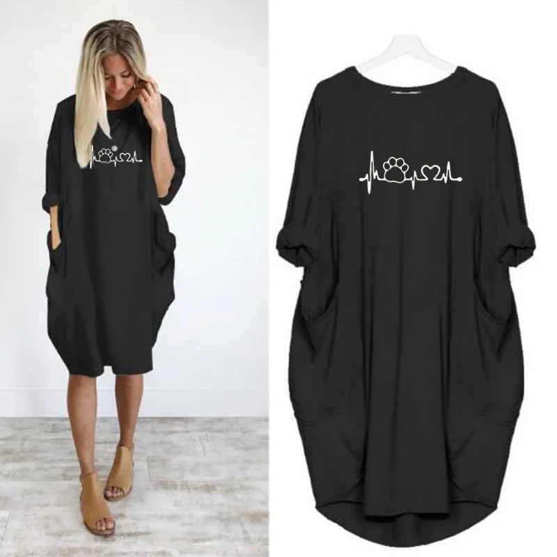 Women's Loose  Long Sleeved Summer Plus Size Dress Autumn  Winter Casual Round Neck Solid Color Long Sleeve Pocket Loose Pullove