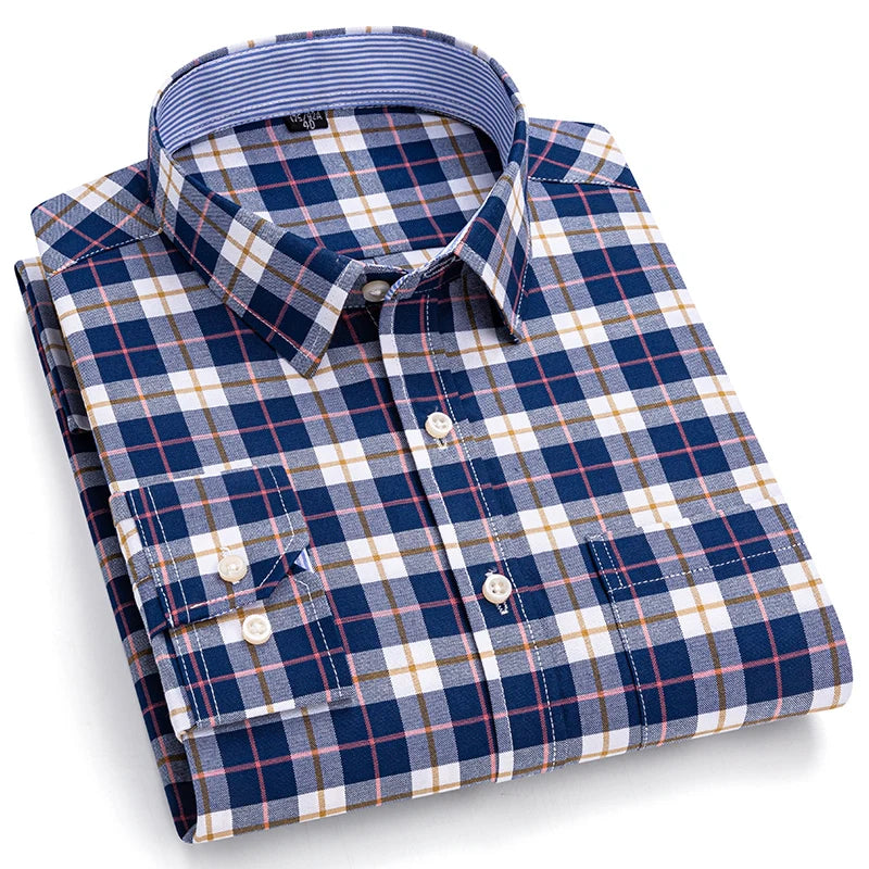 Men's Social Shirts Long Sleeve 100%Pure Cotton Oxford Buttoned Plaid Formal Male Casual Clothes Oversized Shirt Plus Size S-7XL