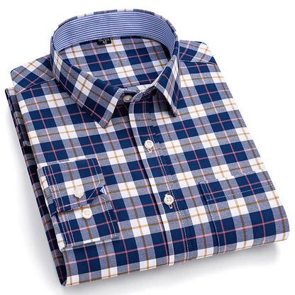 Men's Social Shirts Long Sleeve 100%Pure Cotton Oxford Buttoned Plaid Formal Male Casual Clothes Oversized Shirt Plus Size S-7XL