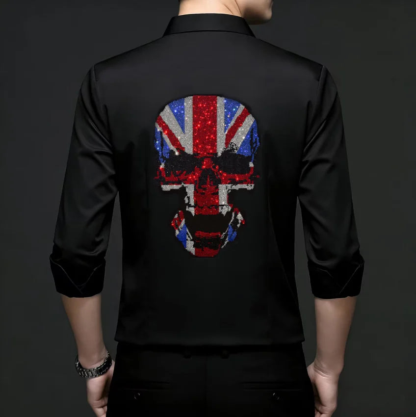 2026 Spring Autumn Luxury Men Streetwear Shirt Shiny Rhinestone Design Loose Natural Silk Casual Long Sleeve Shirt