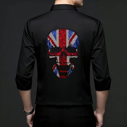 2026 Spring Autumn Luxury Men Streetwear Shirt Shiny Rhinestone Design Loose Natural Silk Casual Long Sleeve Shirt