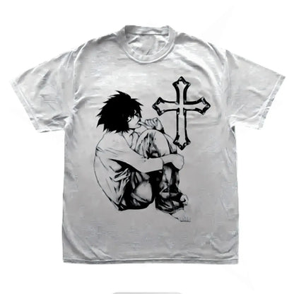 Harajuku Print Cotton Tops Gothic Aesthetic Y2K Top Vintage Short Sleeve T Shirt Skeleton Crucifixion Punk Streetwear Unisex