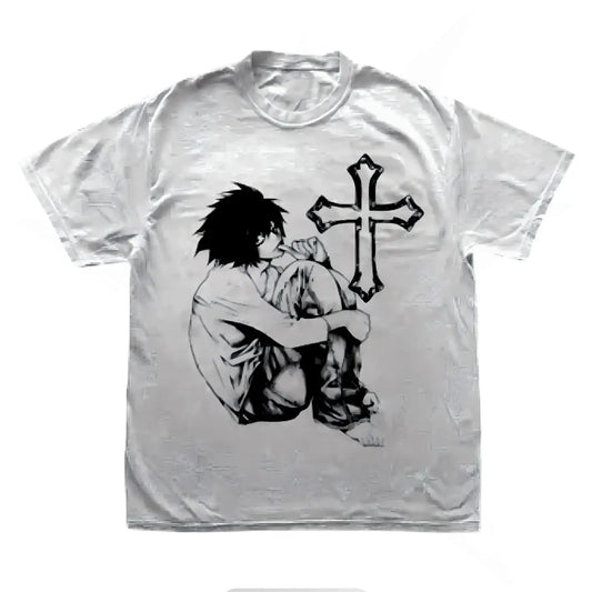 Harajuku Print Cotton Tops Gothic Aesthetic Y2K Top Vintage Short Sleeve T Shirt Skeleton Crucifixion Punk Streetwear Unisex