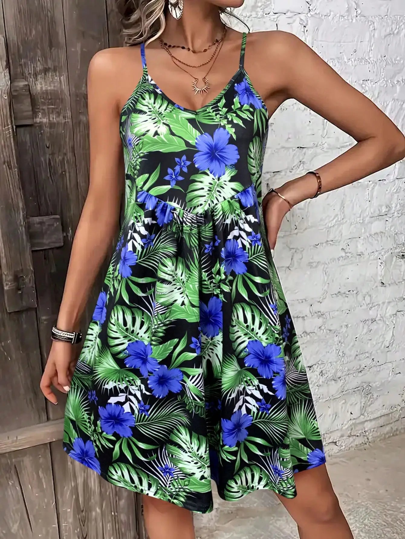 Summer Vacation Style Print V-Neck Spaghetti Strap Dress，Camisole Dress for vacation outfits,bohemia dresses for women summer