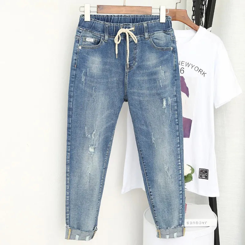 Spring summer Large size jeans women's stretch fat sister nine-point pants were thin high waist pants Big 5xl 6XL