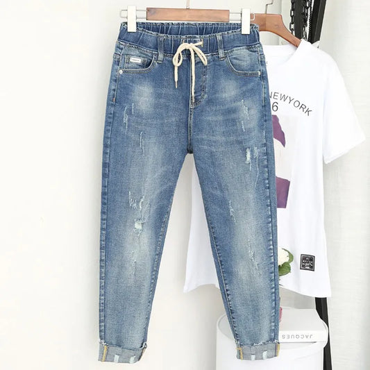 Spring summer Large size jeans women's stretch fat sister nine-point pants were thin high waist pants Big 5xl 6XL