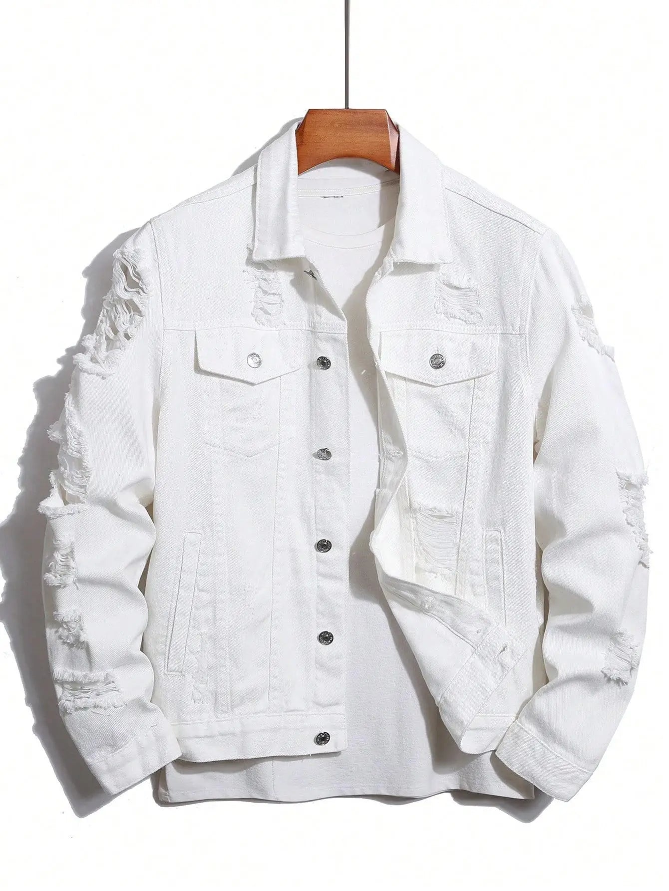 Men's denim jacket for spring and autumn. White denim ripped jacket. Street trend fashion. Daily casual.