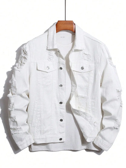 Men's denim jacket for spring and autumn. White denim ripped jacket. Street trend fashion. Daily casual.