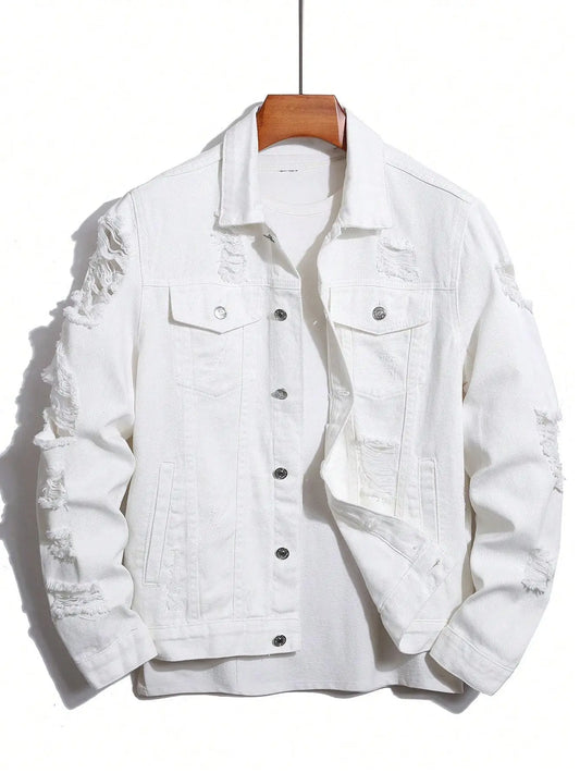 Men's denim jacket for spring and autumn. White denim ripped jacket. Street trend fashion. Daily casual.