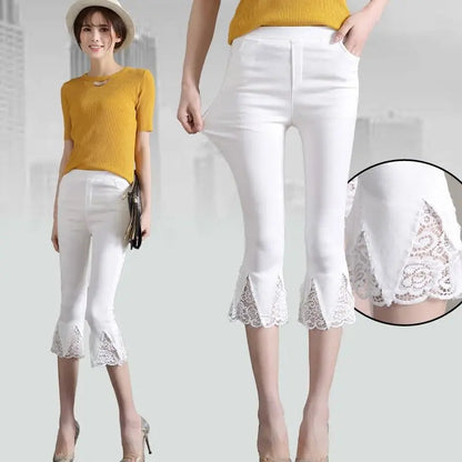 Summer Women Clothing Flare Capris Pants Thin Splicing Lace Korean Fashion New Elastic High Waist Solid Casual Slim Trousers