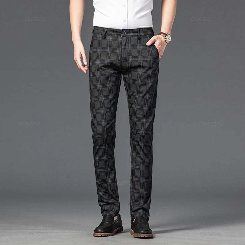 2024 New Men's Casual Plaid Pants Business Casual Slim Fit Black Blue Red Khaki Classic Style Trousers Male Brand Luxury Clothes