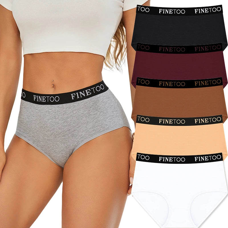 FINETOO 5Pcs Cotton Women Panties High Waist Breathable Soft Ladies Underwear Elastic Waistband Briefs S-XXL Comfortable Briefs