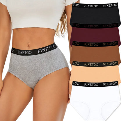 FINETOO 5Pcs Cotton Women Panties High Waist Breathable Soft Ladies Underwear Elastic Waistband Briefs S-XXL Comfortable Briefs