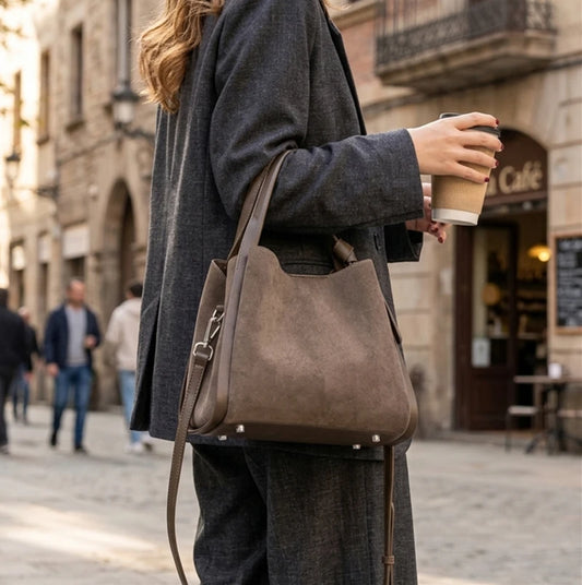 HIFASHION Luxury Genuine Leather Suede Bucket Bag For Women Vintage Top Handle Handbags Office Work Shoulder Crossbody Purses