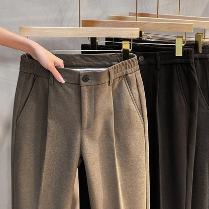 Autumn Winter New Men's Woolen Suit Pants Slim Straight Elastic Waist Formal Business Tapered Brown Trousers