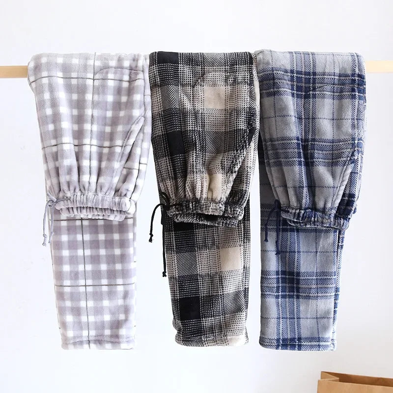 New Autumn and Winter Flannel Men's Pajama Pants Trousers Plus Velvet Thickened Lattice