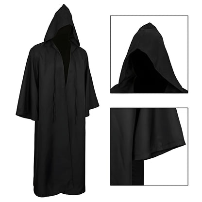 Sorcerer Long Shirt Hooded Black Robe Costume Halloween Cloak Cosplay Costume Wizard Tunic Hooded Robe Adults and Children